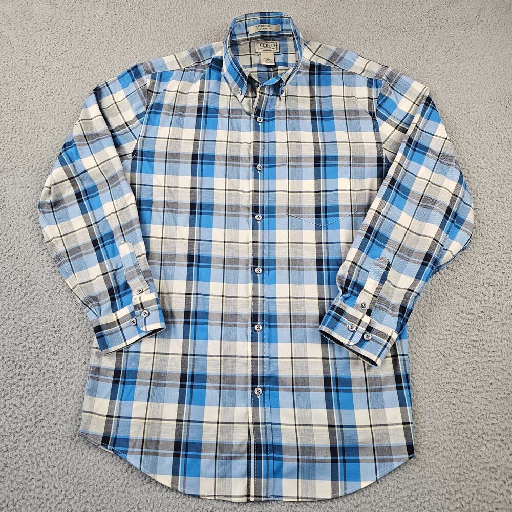 LL Bean Wrinkle-Free Plaid Shirt Small Blue Gray Cotton
